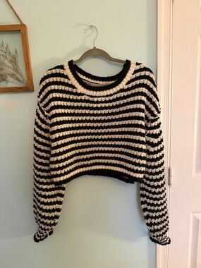 Cropped Black & Cream Striped Crewneck Sweater